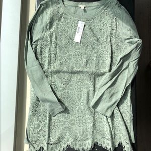 J. Crew Crochet Lace-Front Tee Size L Dusty Sage